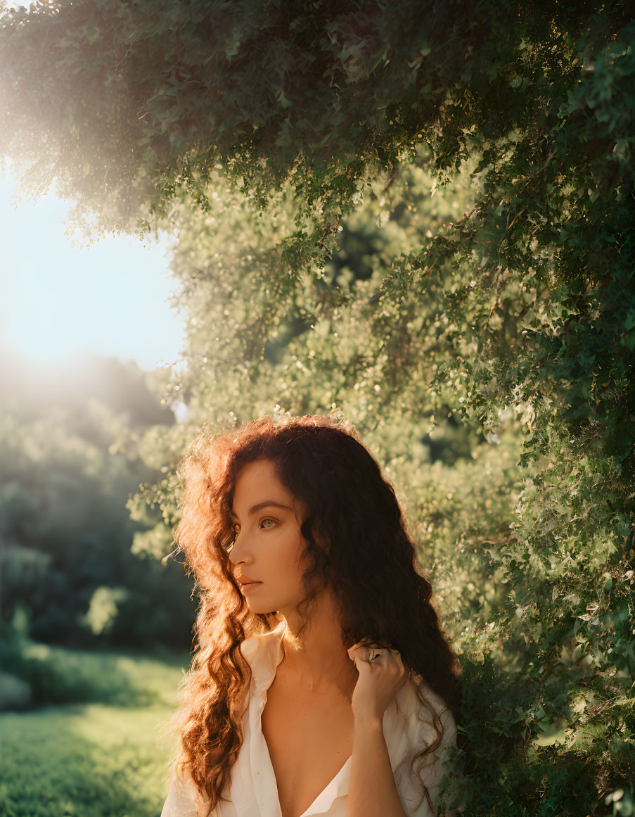 Curly-haired woman in green foliage under soft sunlight