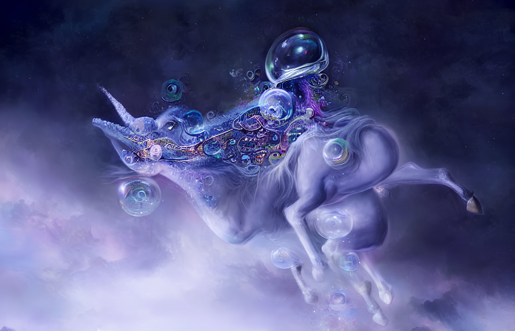 Surreal Unicorn with Galaxy Mane and Bubbles in Cosmic Nebula