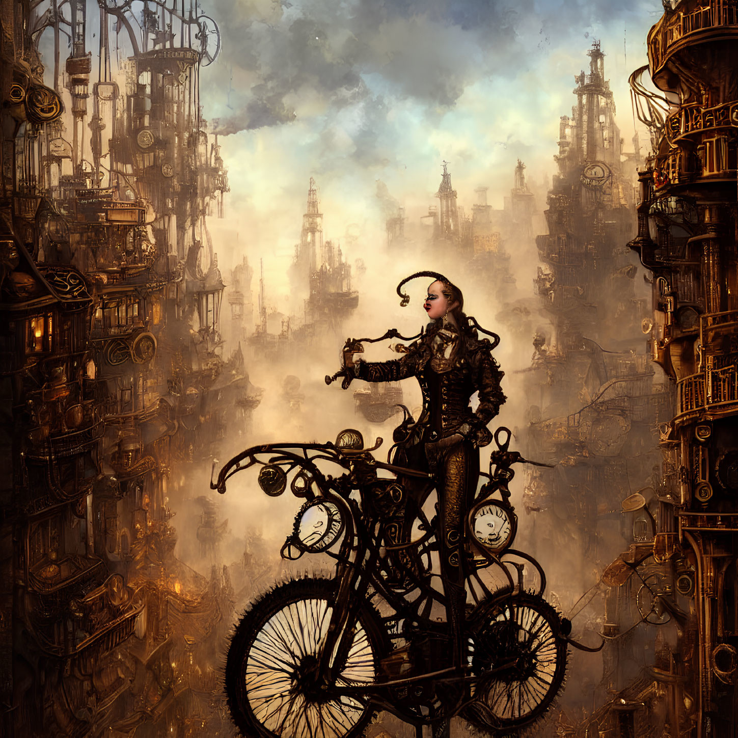 Victorian woman with steampunk bicycle in industrial setting