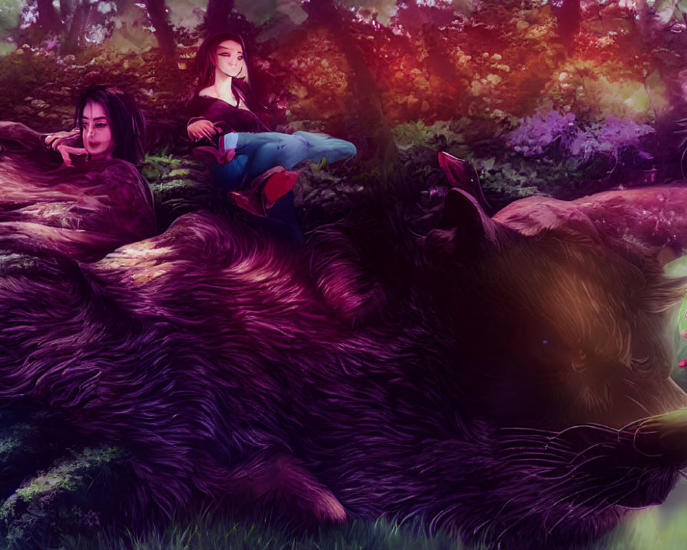 Two women on giant wolf in vibrant mystical forest