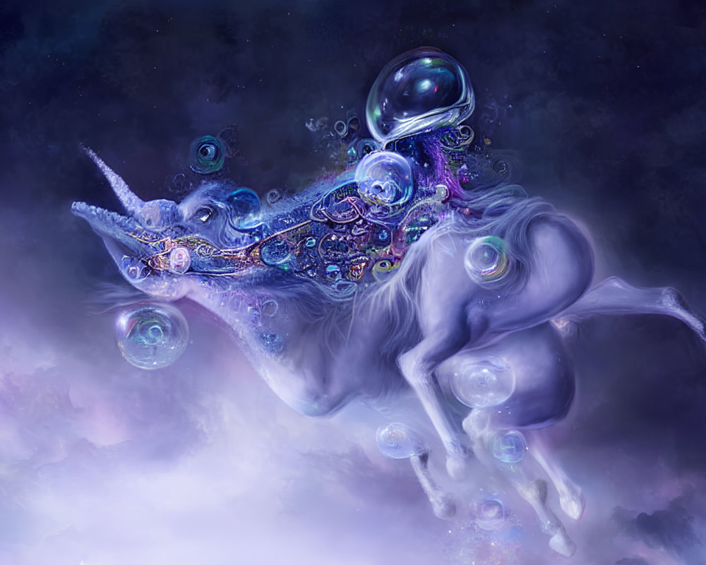 Surreal Unicorn with Galaxy Mane and Bubbles in Cosmic Nebula