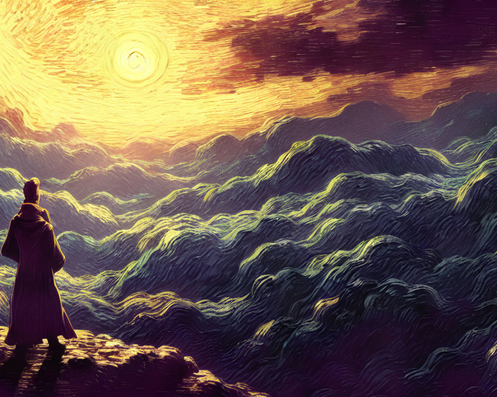 Solitary Figure on Cliff Overlooking Stylized Mountain Sea at Sunset