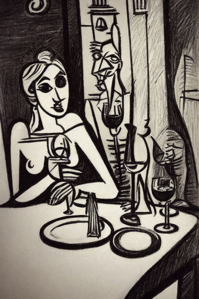 Monochrome sketch of a woman at a table with wine, facing an elongated face and candles.