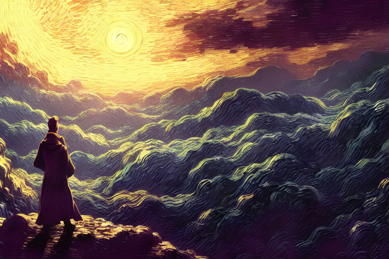 Solitary Figure on Cliff Overlooking Stylized Mountain Sea at Sunset