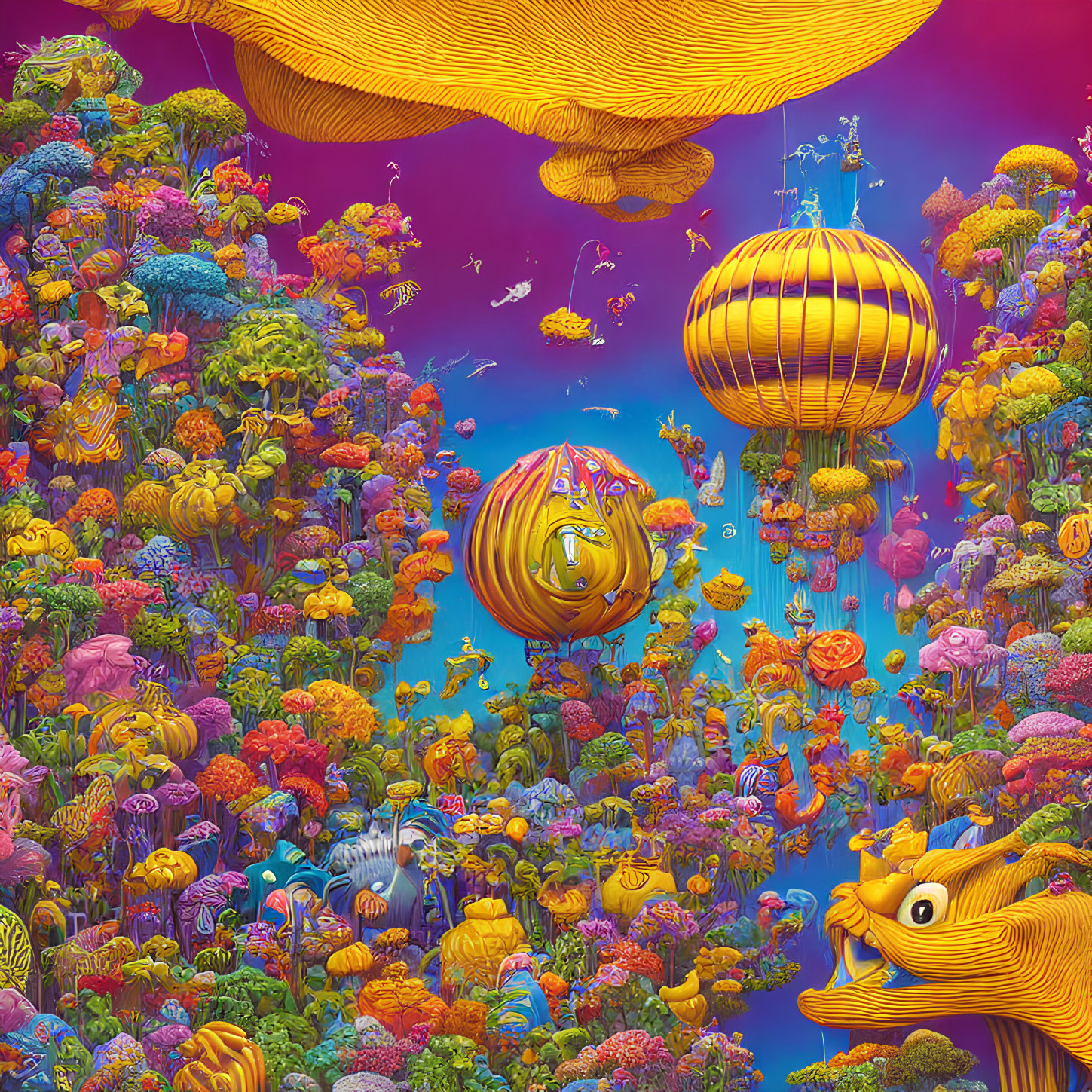 Colorful underwater scene with coral structures and marine life.