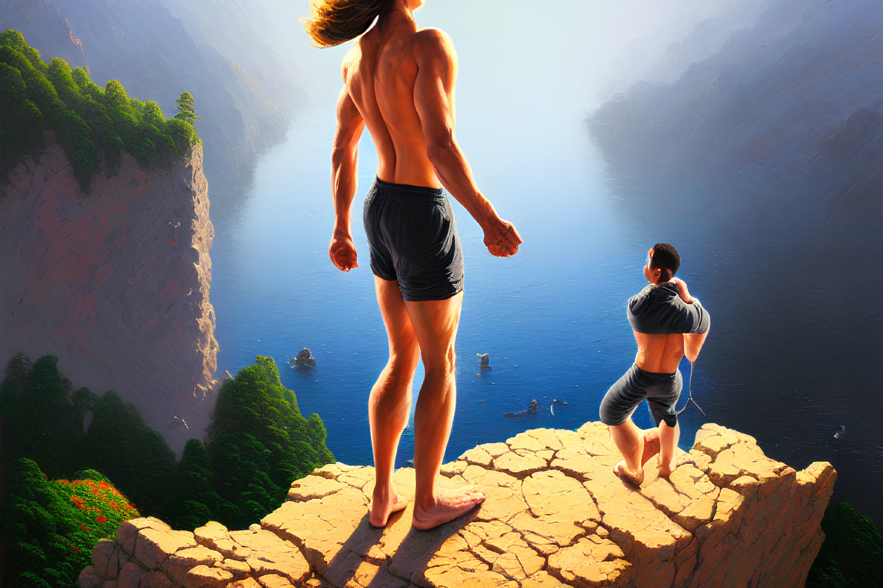 Two individuals on cliff with scenic valley and river view.