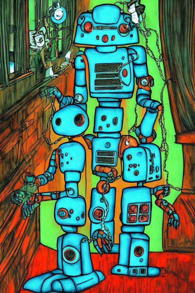 Vibrant artwork: large and small chained robots in dark hallway with paintings