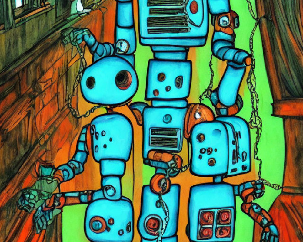 Vibrant artwork: large and small chained robots in dark hallway with paintings