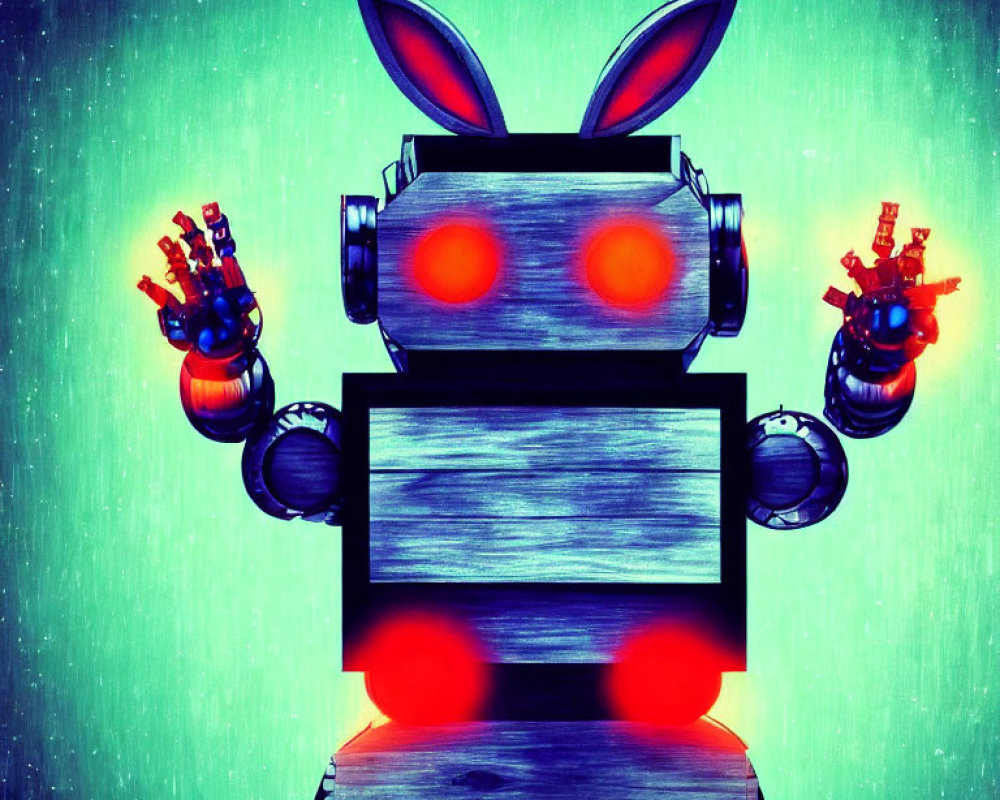 Stylized robot with red glowing eyes and rabbit ears on turquoise background