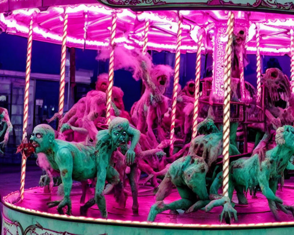 Spooky carousel with grotesque zombie and monster figures in purple light