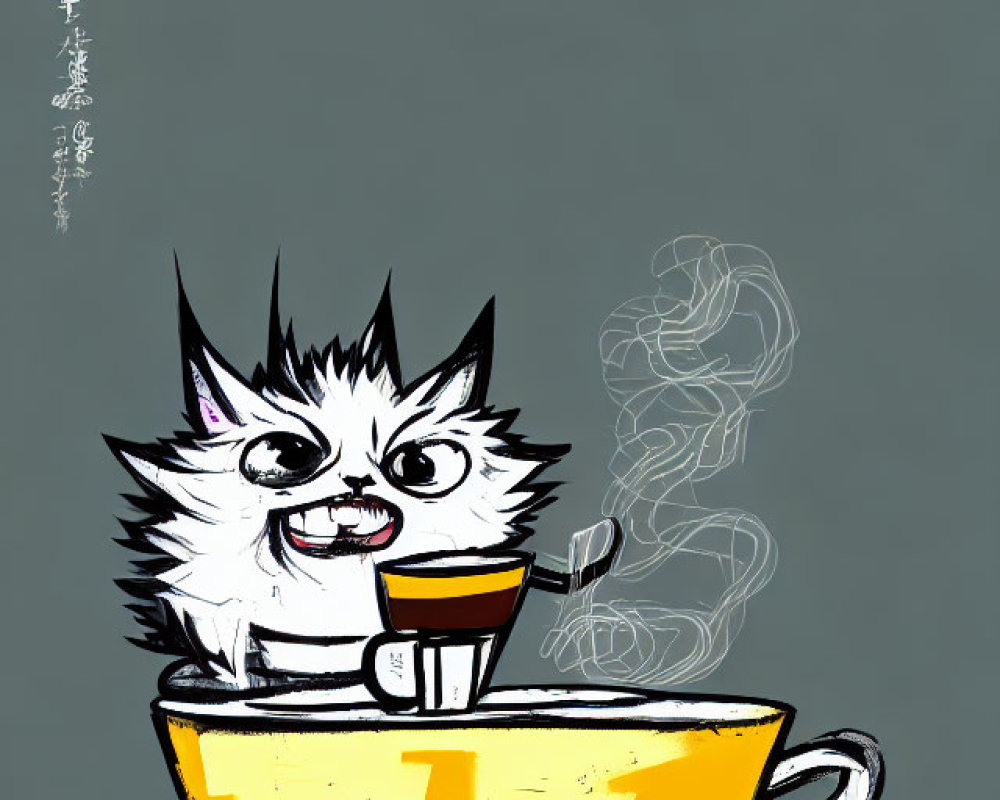 Whimsical illustration of agitated cat in yellow teacup