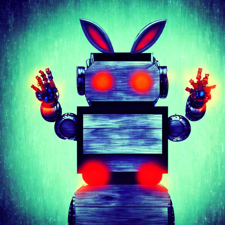 Stylized robot with red glowing eyes and rabbit ears on turquoise background