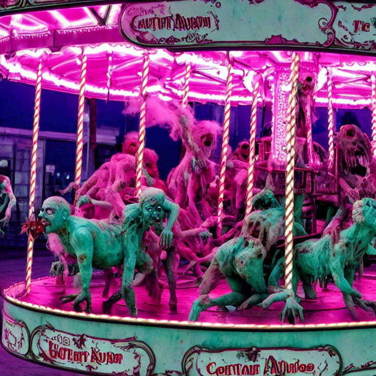 Spooky carousel with grotesque zombie and monster figures in purple light