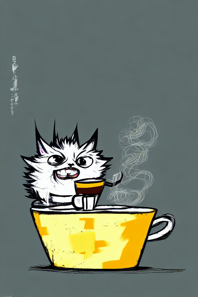 Whimsical illustration of agitated cat in yellow teacup