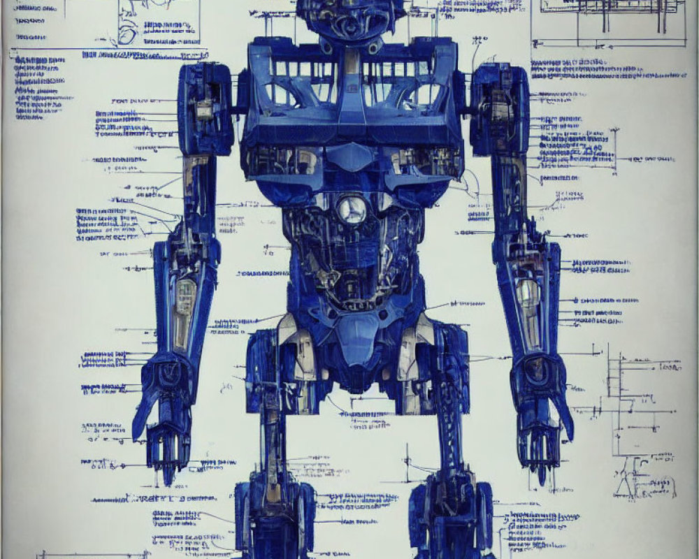 Annotated humanoid robot schematic on blue background