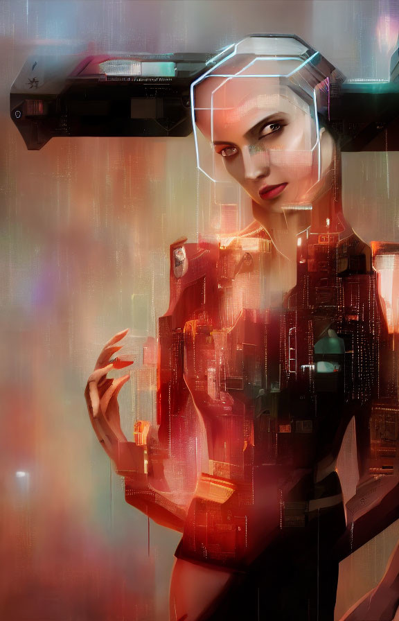 Female cyborg with exposed circuitry under neon lights on blurry background