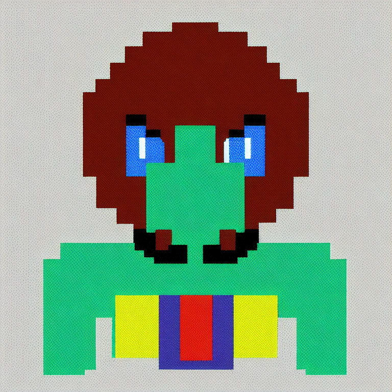 Stylized pixelated character with brown hair and blue eyes in green shirt and multicolored tie