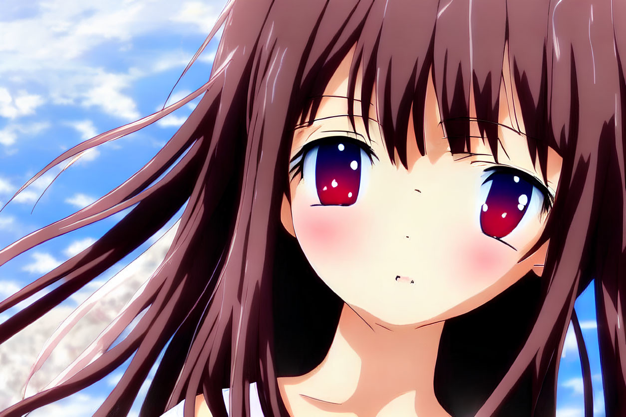 Anime girl with large purple eyes and brown hair under blue sky