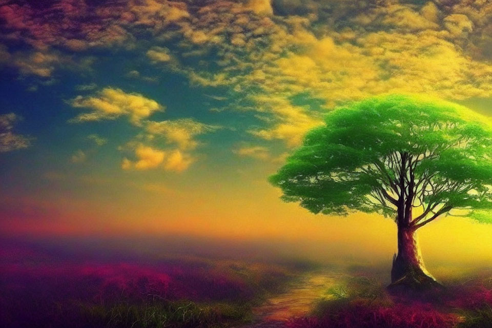 Colorful Landscape with Solitary Tree and Pastel Sky