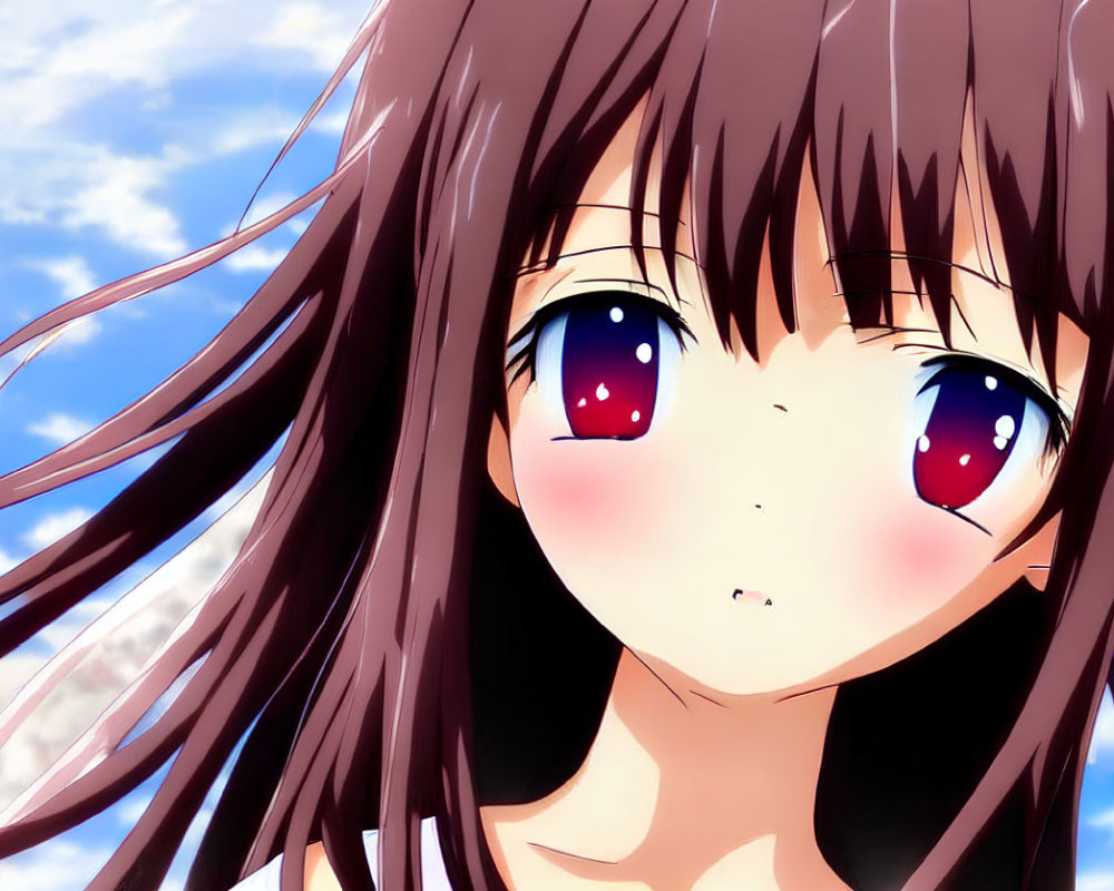 Anime girl with large purple eyes and brown hair under blue sky