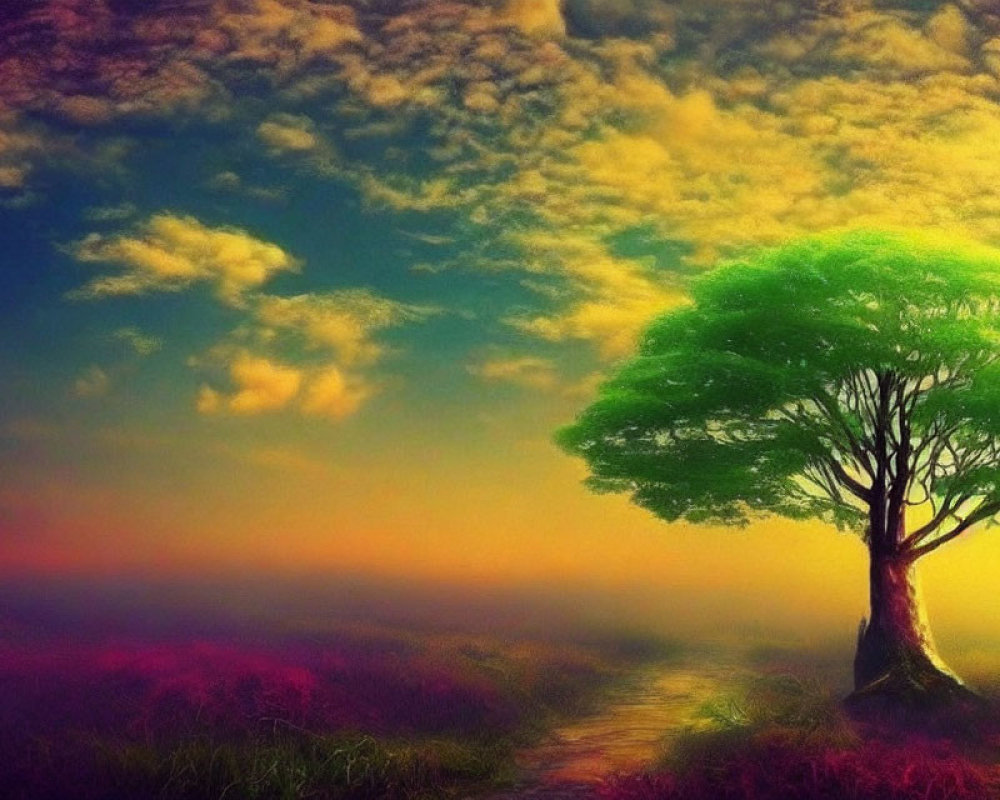 Colorful Landscape with Solitary Tree and Pastel Sky