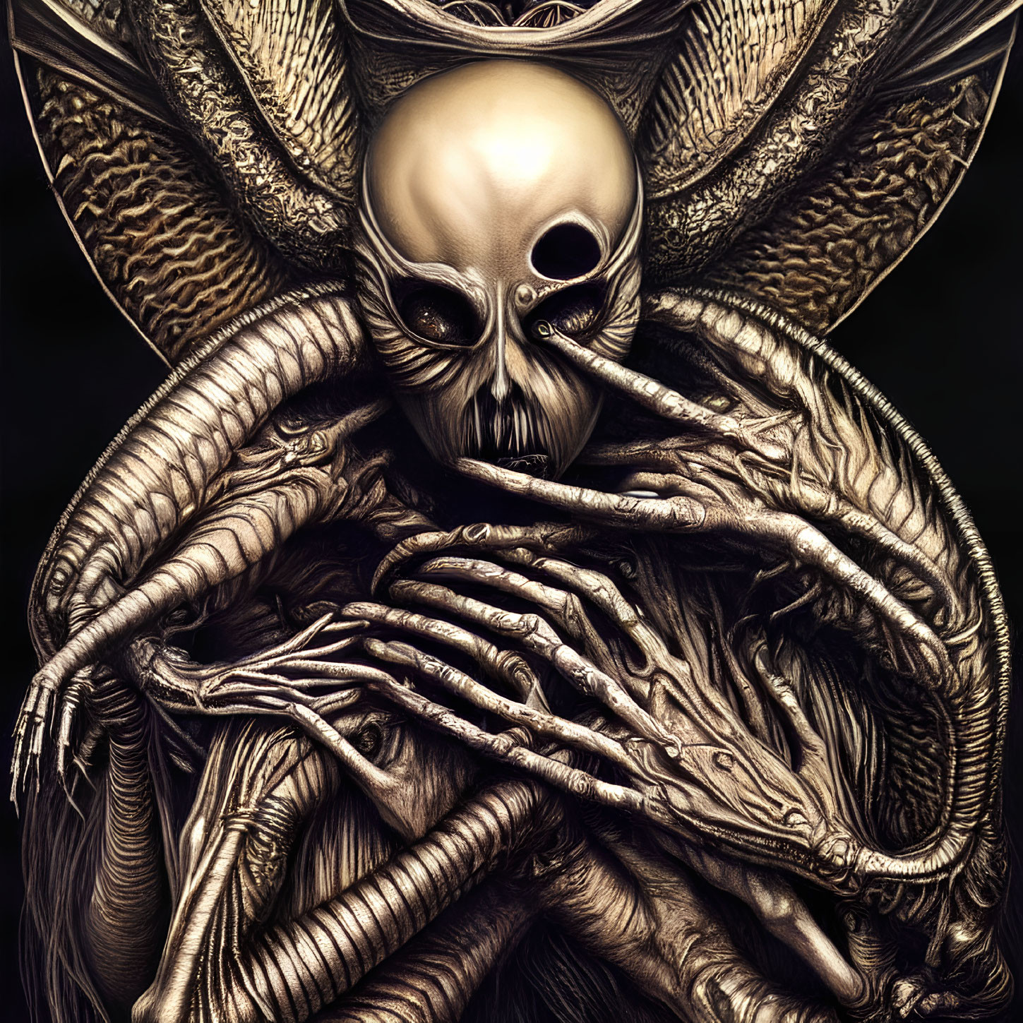 Detailed illustration of humanoid skull-faced otherworldly creature with alien appendages.