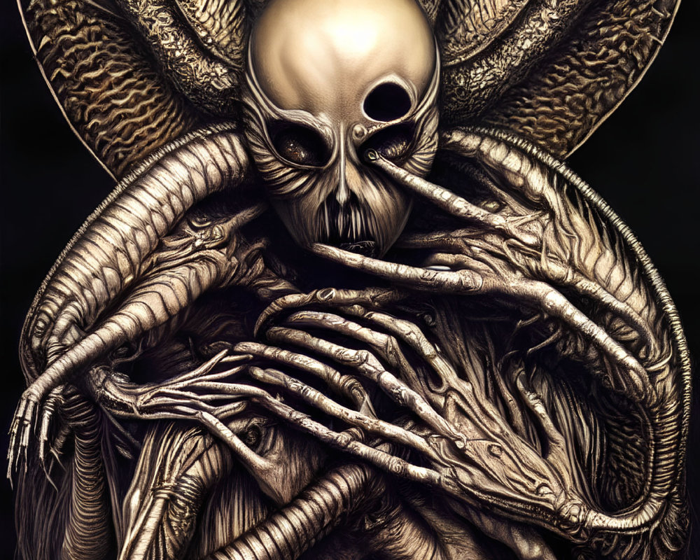 Detailed illustration of humanoid skull-faced otherworldly creature with alien appendages.
