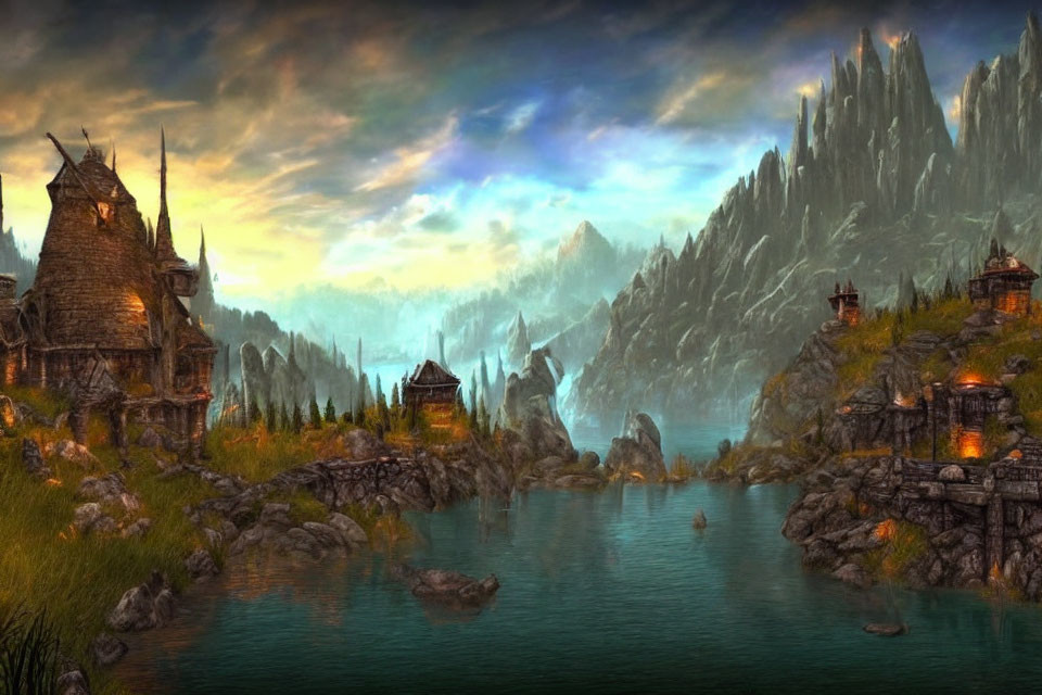 Serene fantasy landscape with rustic houses, lake, mountains, vivid dusk sky