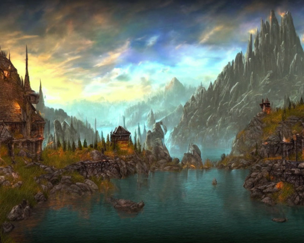 Serene fantasy landscape with rustic houses, lake, mountains, vivid dusk sky