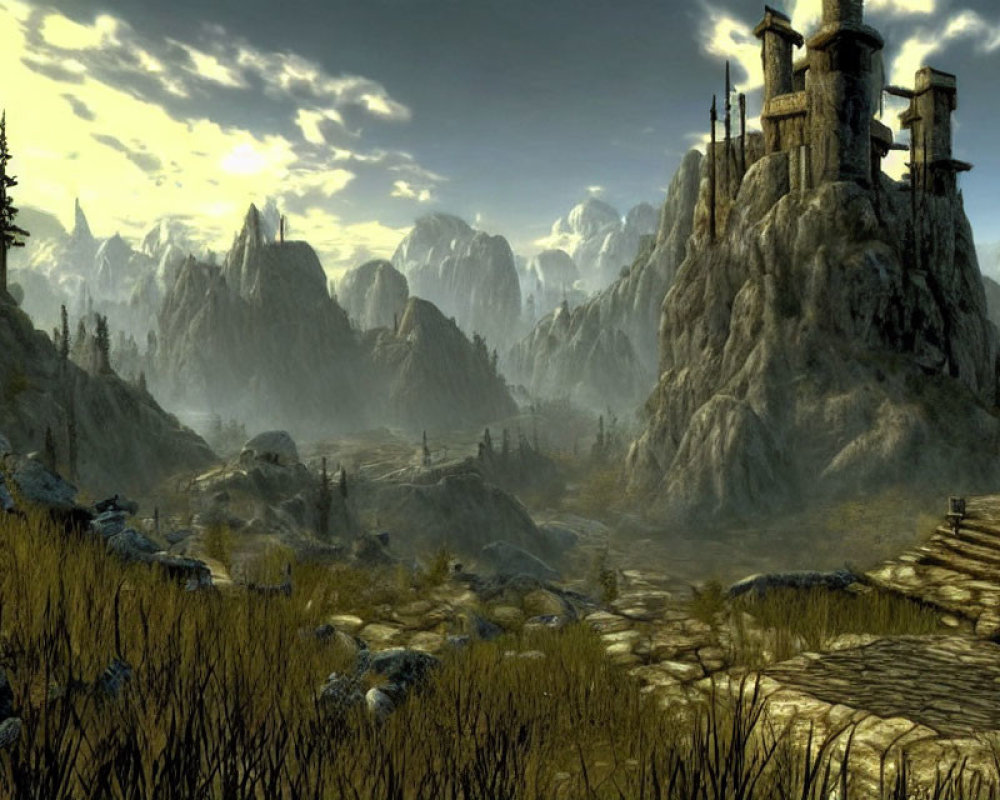 Fantasy landscape with rugged pathway to ancient stone tower amid mountains