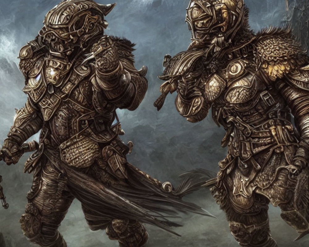 Male and female armored fantasy warriors in misty rocky landscape