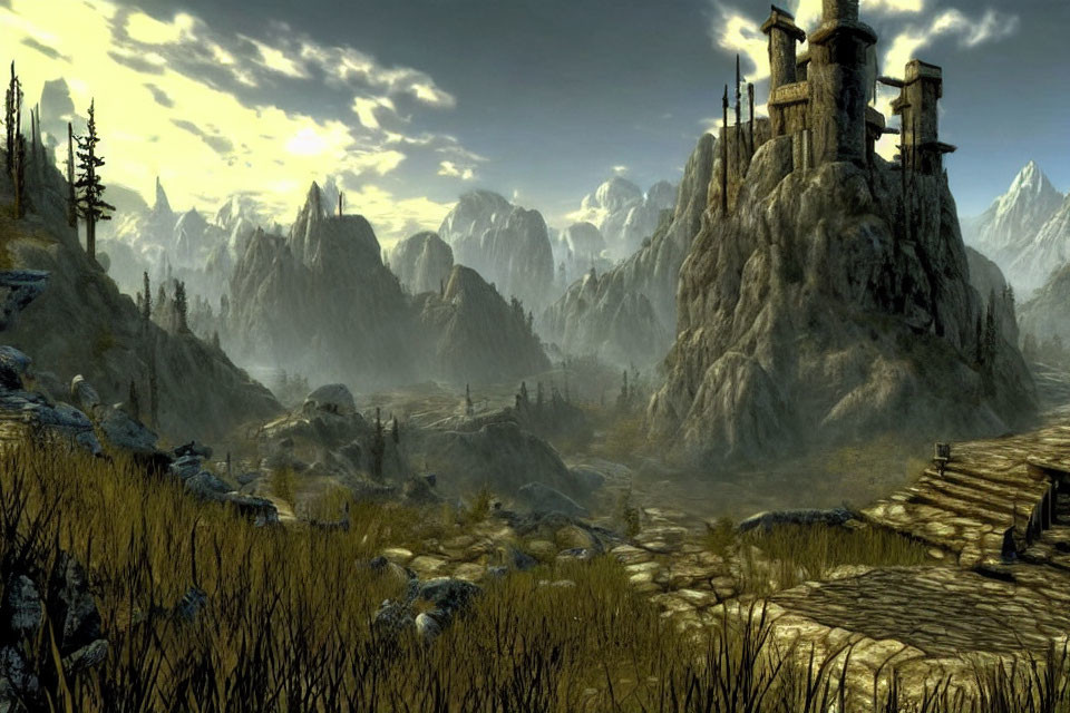 Fantasy landscape with rugged pathway to ancient stone tower amid mountains