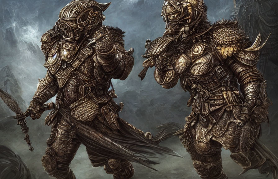 Male and female armored fantasy warriors in misty rocky landscape