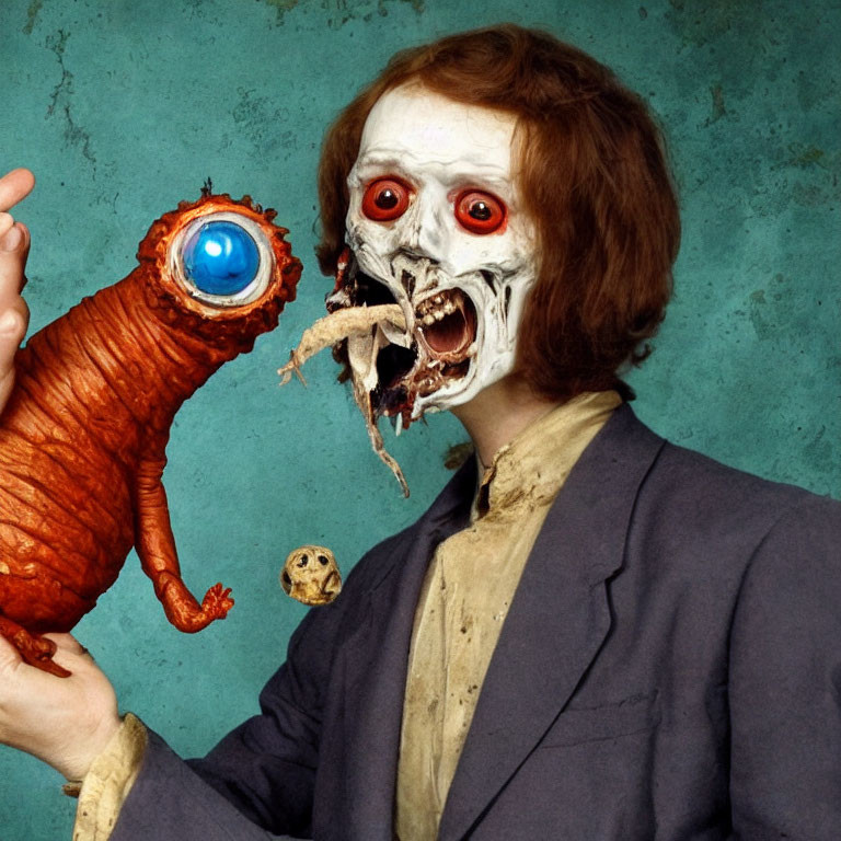 Vintage-dressed person with bizarre elongated snail-like creature and unsettling skeletal face.