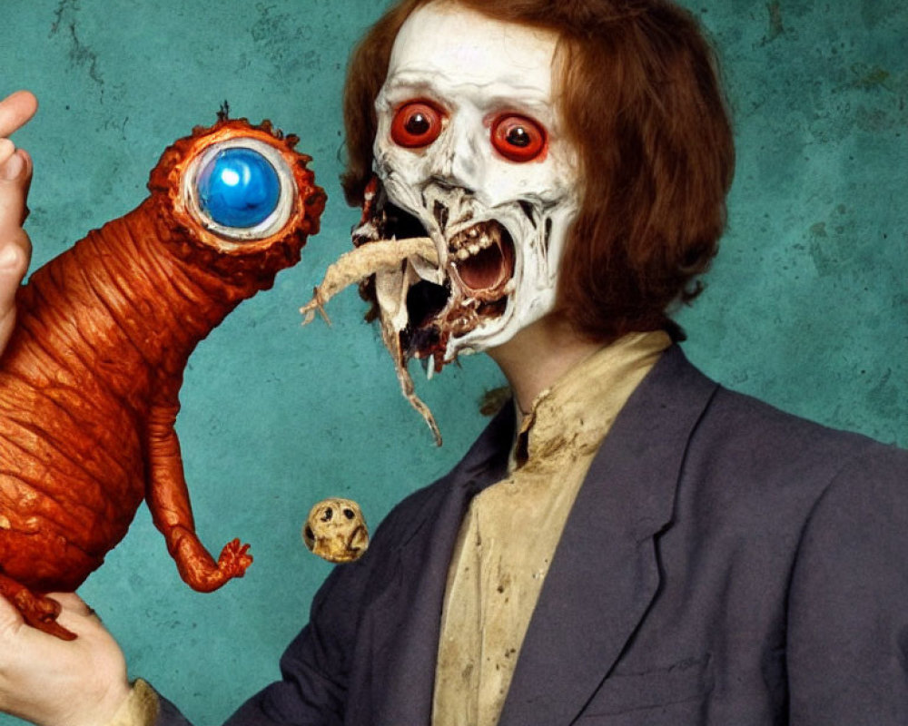 Vintage-dressed person with bizarre elongated snail-like creature and unsettling skeletal face.