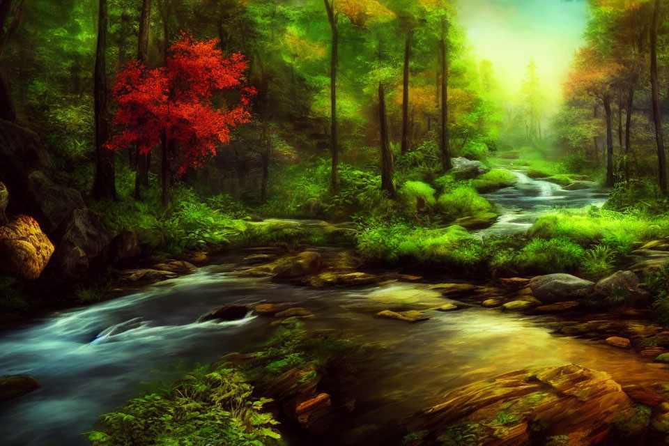 Lush Forest Scene with Stream and Red Tree