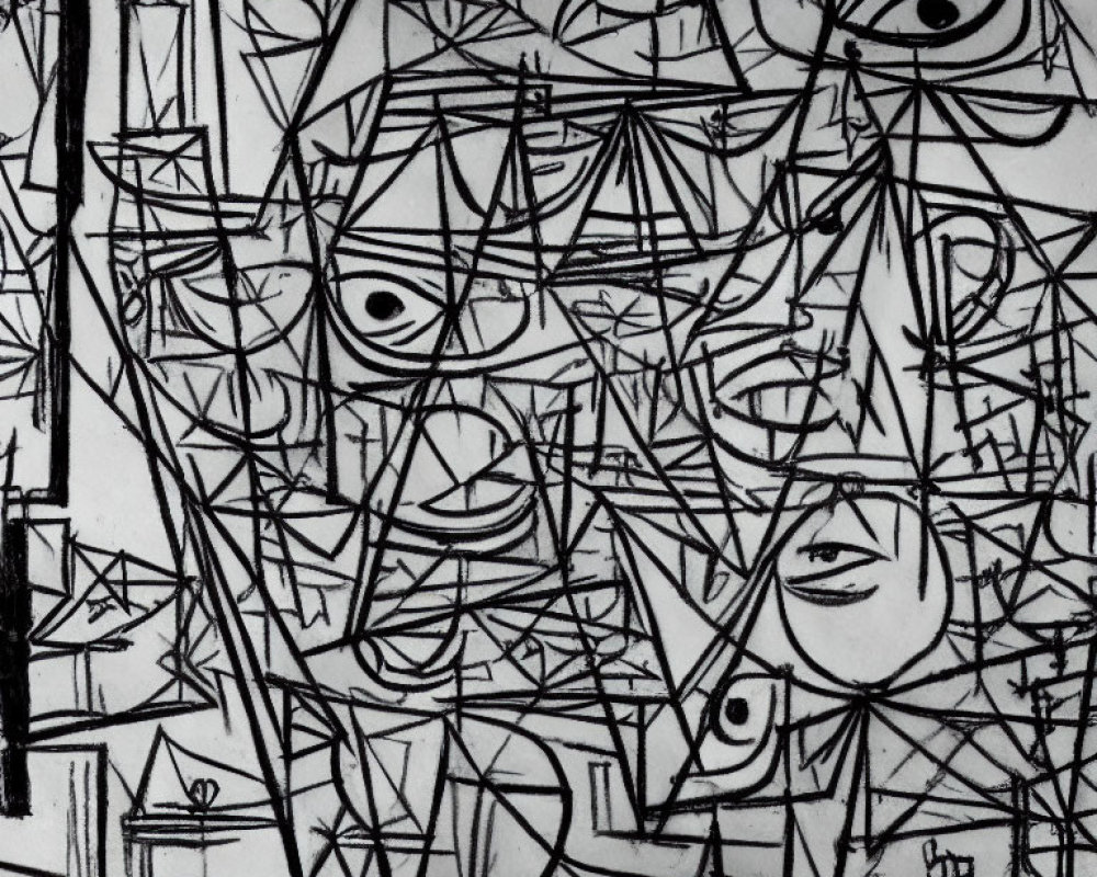 Monochromatic abstract line drawing with geometric shapes and fragmented facial features.