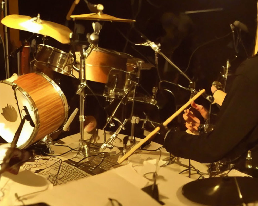 Drummer performing on stage with drum set and cables under warm lighting