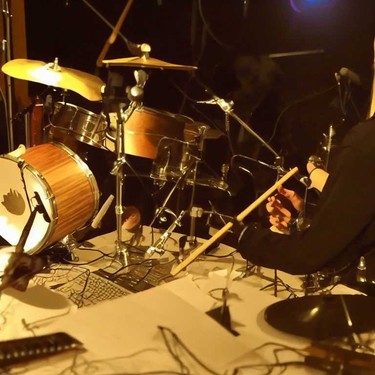 Drummer performing on stage with drum set and cables under warm lighting