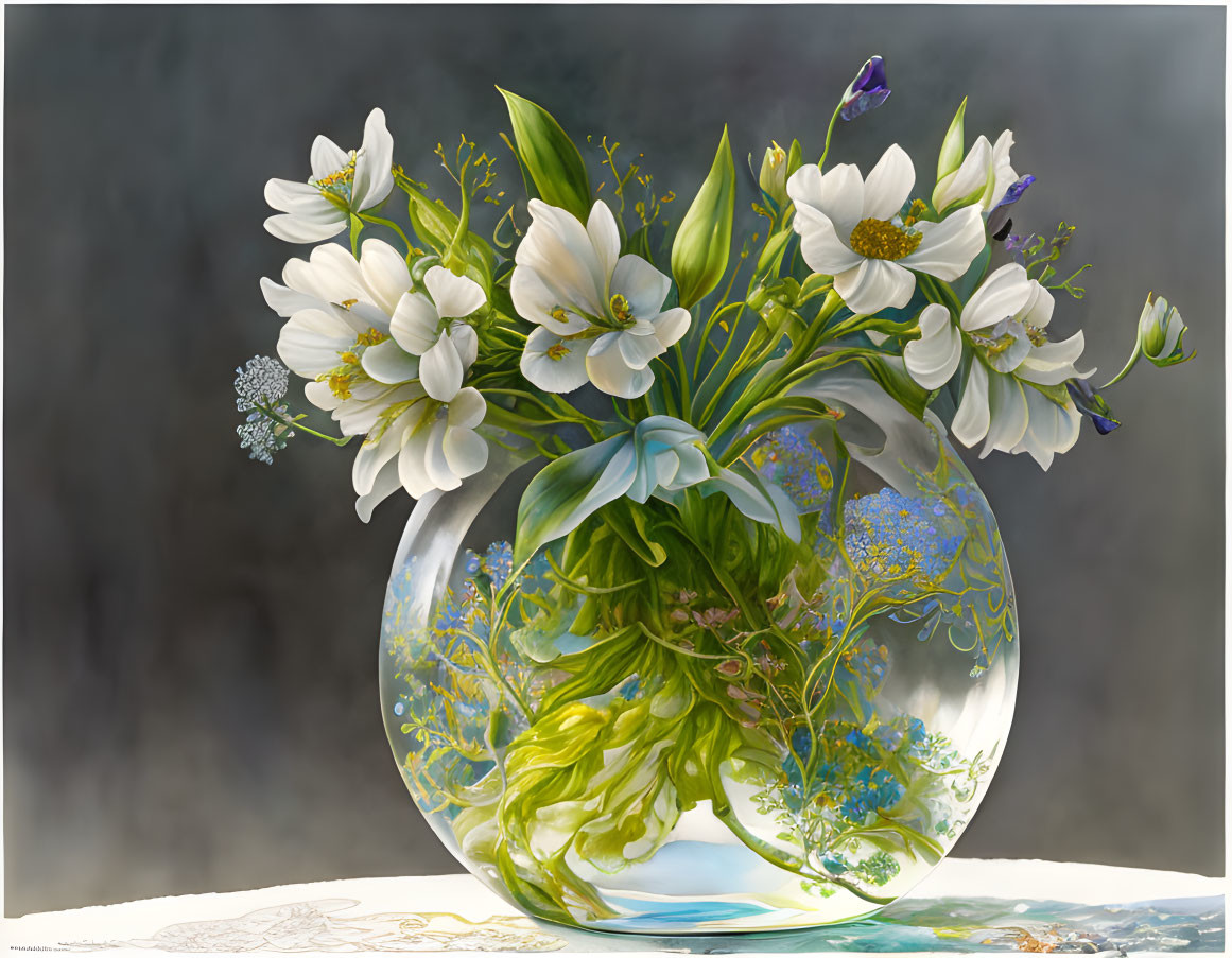 Realistic painting of transparent vase with white flowers and green foliage on muted background with lace overlay