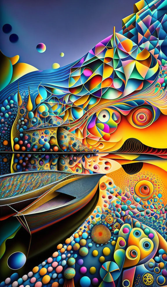 Colorful Surreal Artwork: Stylized Ocean Waves, Canoe, Abstract Elements