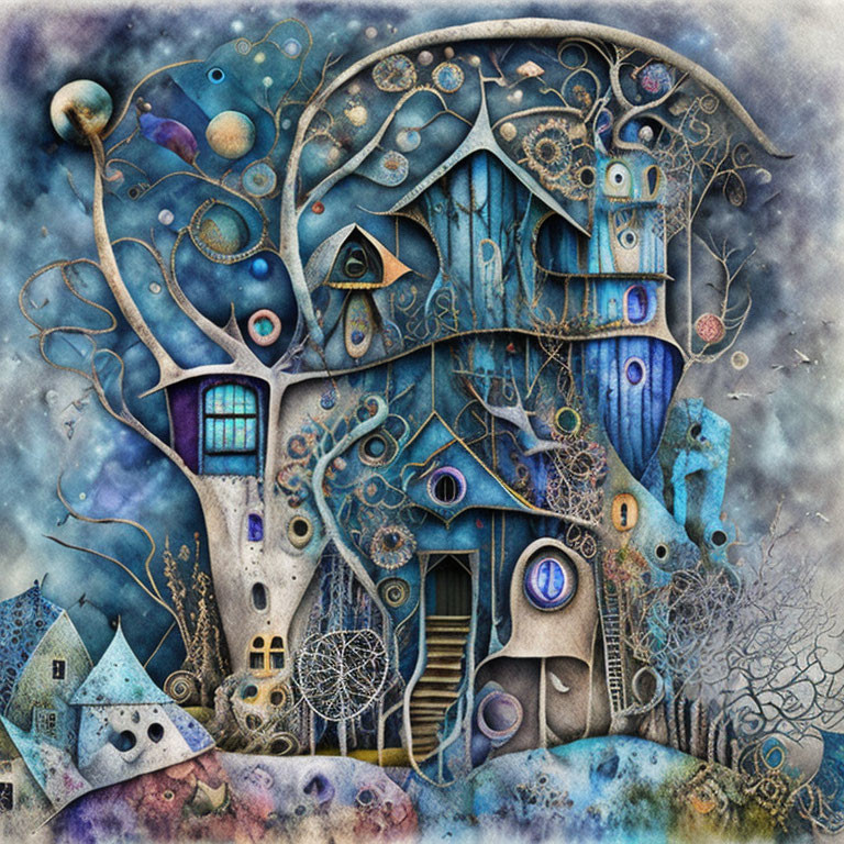 Whimsical fantasy treehouse with clockwork and astronomy theme