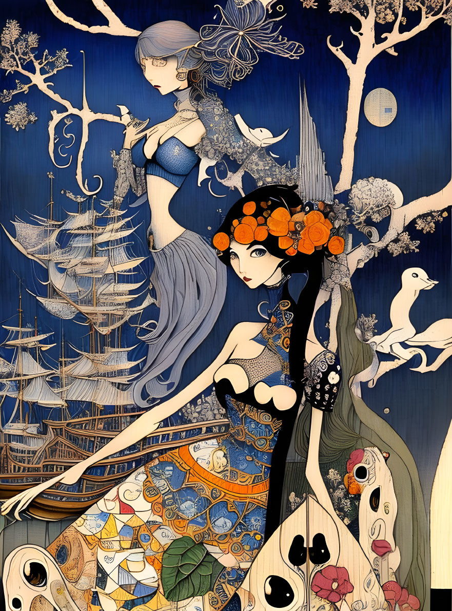 Stylized female figures with decorations on deep blue background featuring a ship.