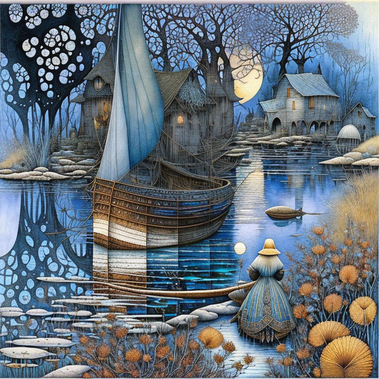 Nighttime Viking ship scene with full moon and blue flora