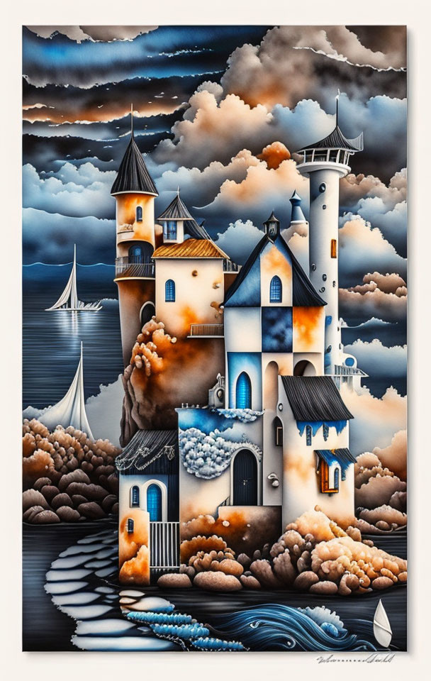 Whimsical castle and lighthouse in surreal painting