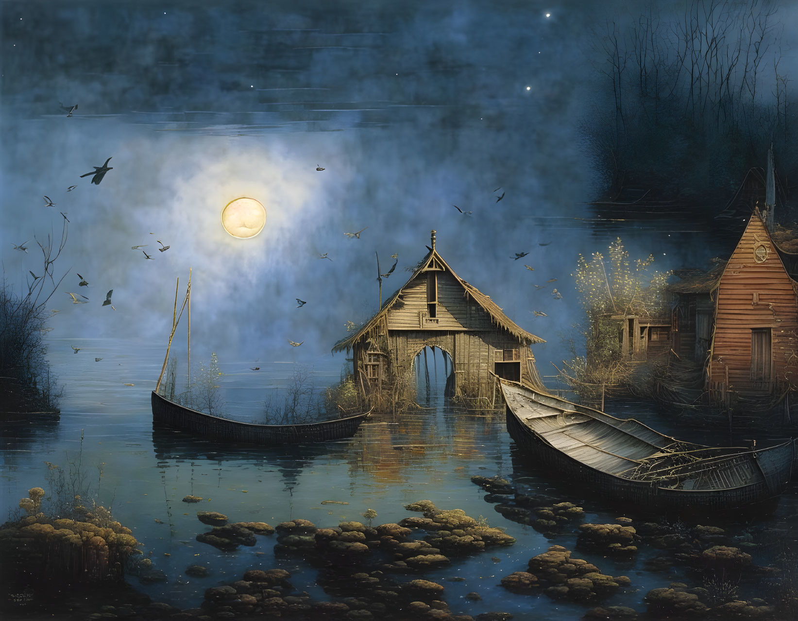 Full Moon Over Misty Marsh with Submerged Houses and Drifting Boats