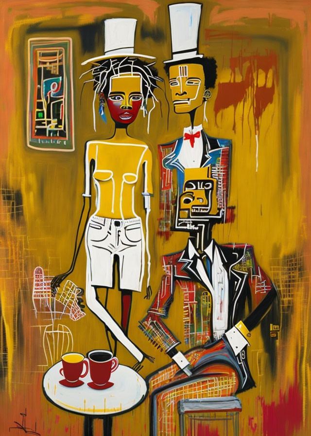 Colorful abstract painting of two figures with exaggerated proportions on a vibrant yellow background