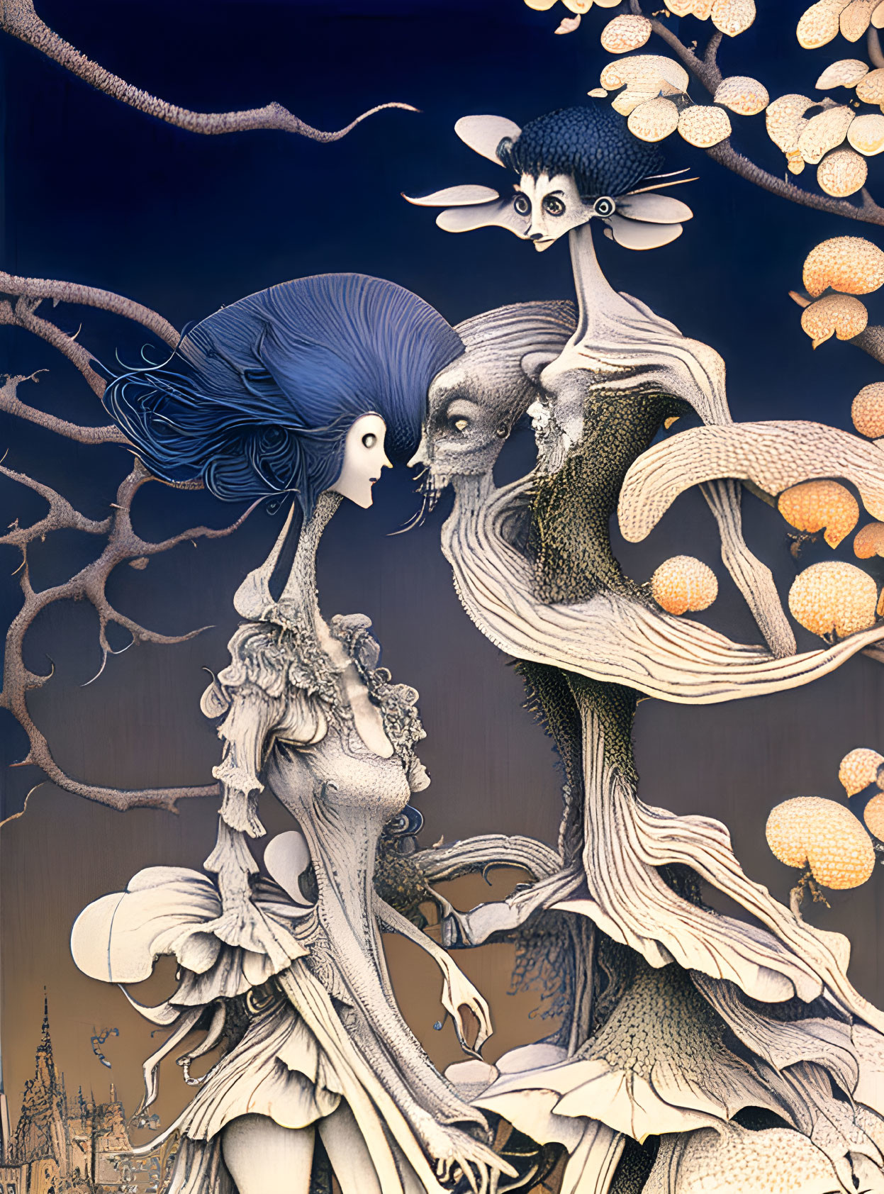 Surreal illustration of whimsical figures in tree-like setting