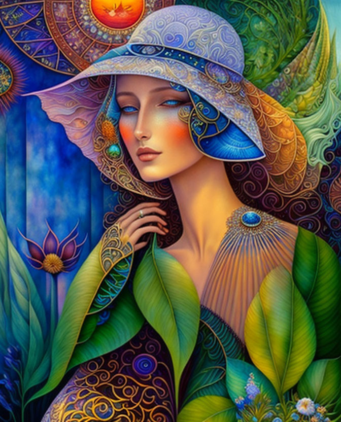 Stylized woman with blue skin in ornate hat amid vibrant floral motifs