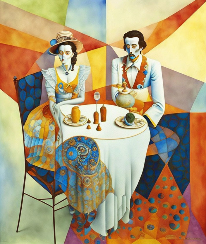 Colorful Cubist Painting of Seated Couple with Food and Teapot